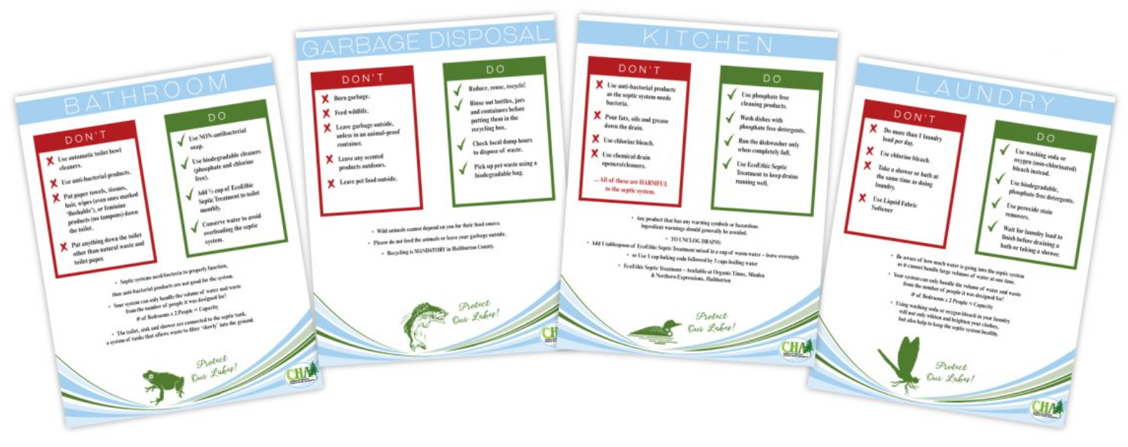 A sample array of cottage rental posters outlining safety for bathrooms, garbage disposal, kitchen and laundry areas.