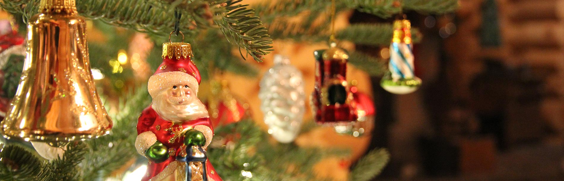 Christmas ornaments hanging on a tree.